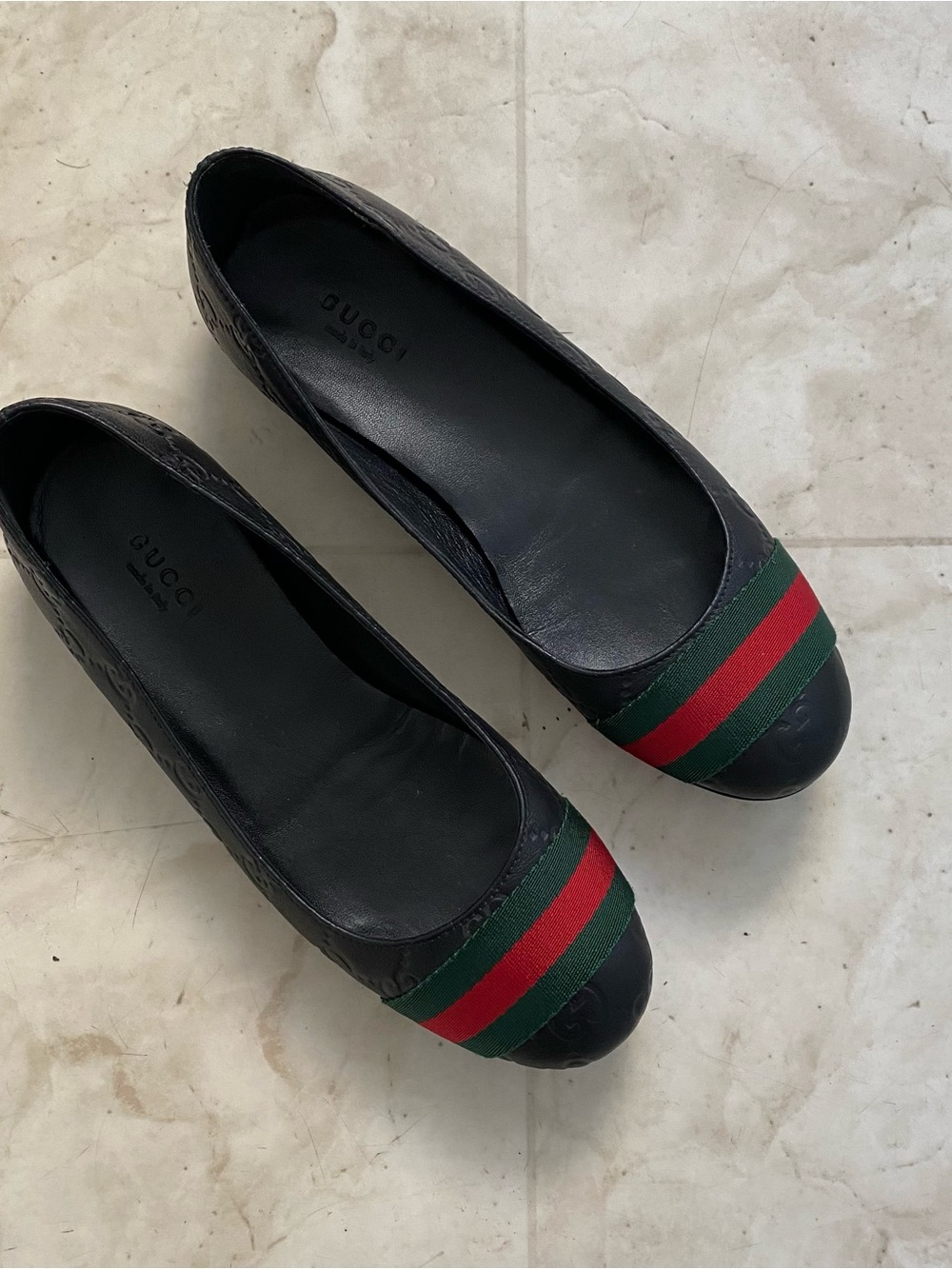 Gucci Guccissima Black Leather GG Monogram Web Stripe Ballet Flats Size 5/35